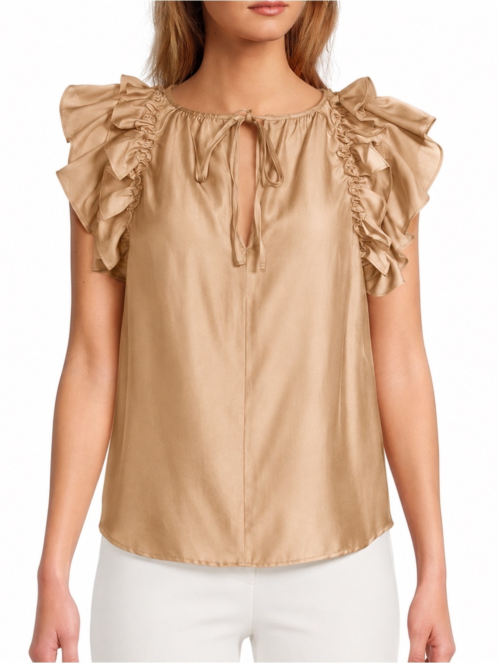 Antonio Melani Elegant Feminine Champagne Satin Ruffle Sleeve Blouse Size L